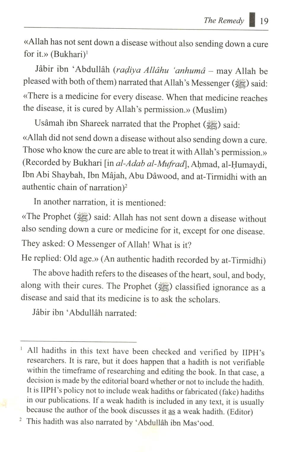 Text from a religious or scholarly source discussing the relationship between disease and its cure, with references to Hadiths.