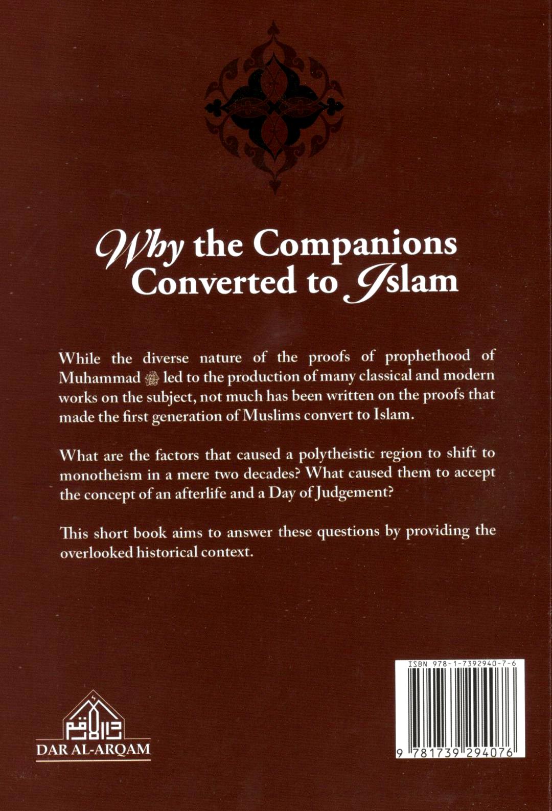 Back cover with text about companions converting to Islam and Dar Al-Arqam logo.