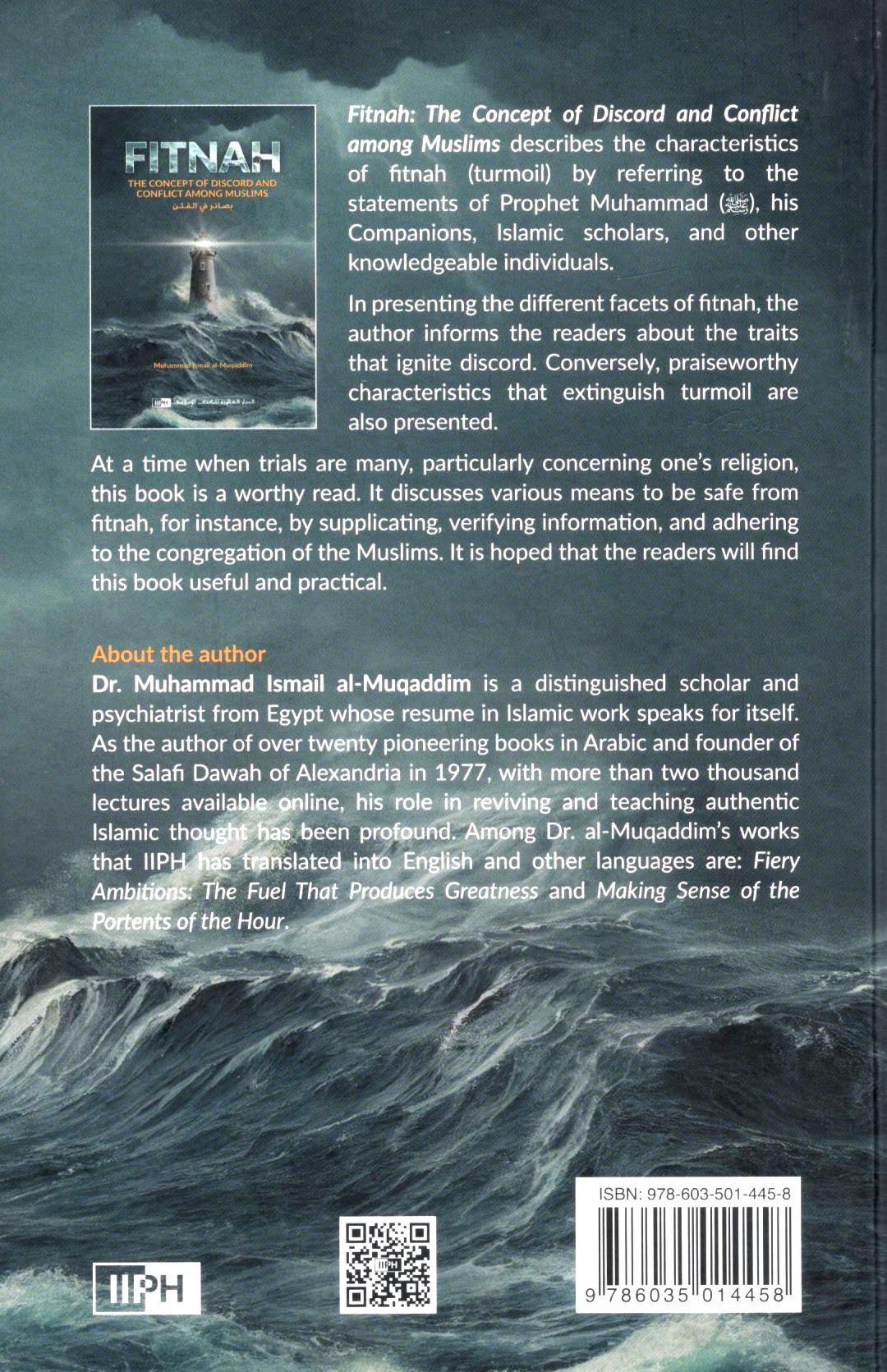 Back cover of a book titled 'Fitnah' with text and a QR code on a blue background.